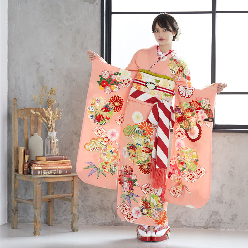 振袖 正絹 オレンジ 総柄 桜 金刺繍 オーロラ刺繍 振袖 正絹 オレンジ