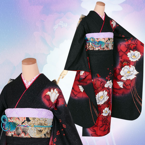楽天市場】【成人式 振袖 レンタル】RS1760 正絹 黒 赤白花文様（絹