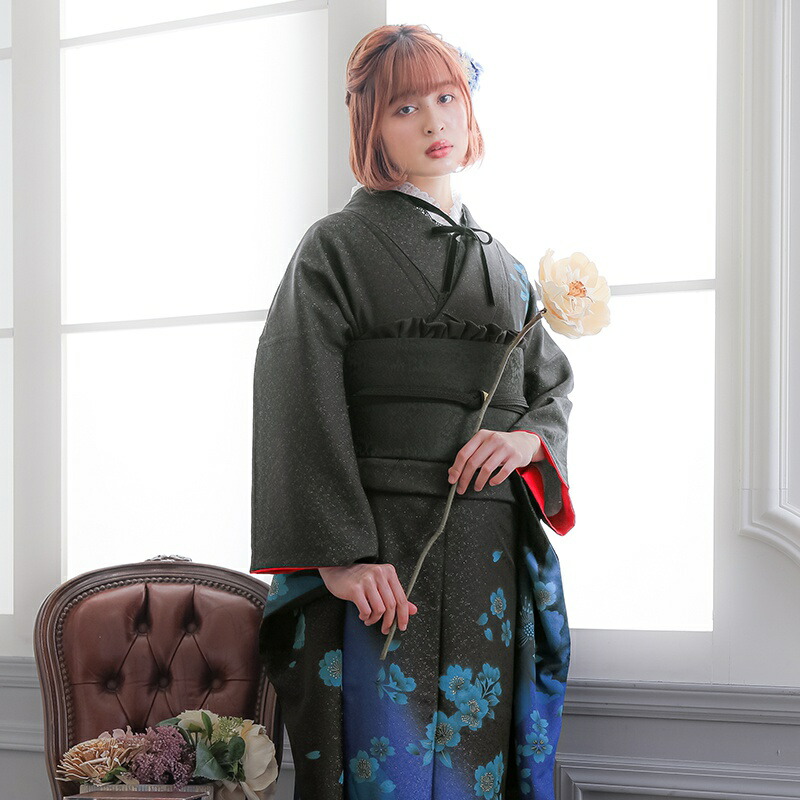 楽天市場】【成人式 振袖 レンタル】RS1068 正絹 黒ブルー 桜フル