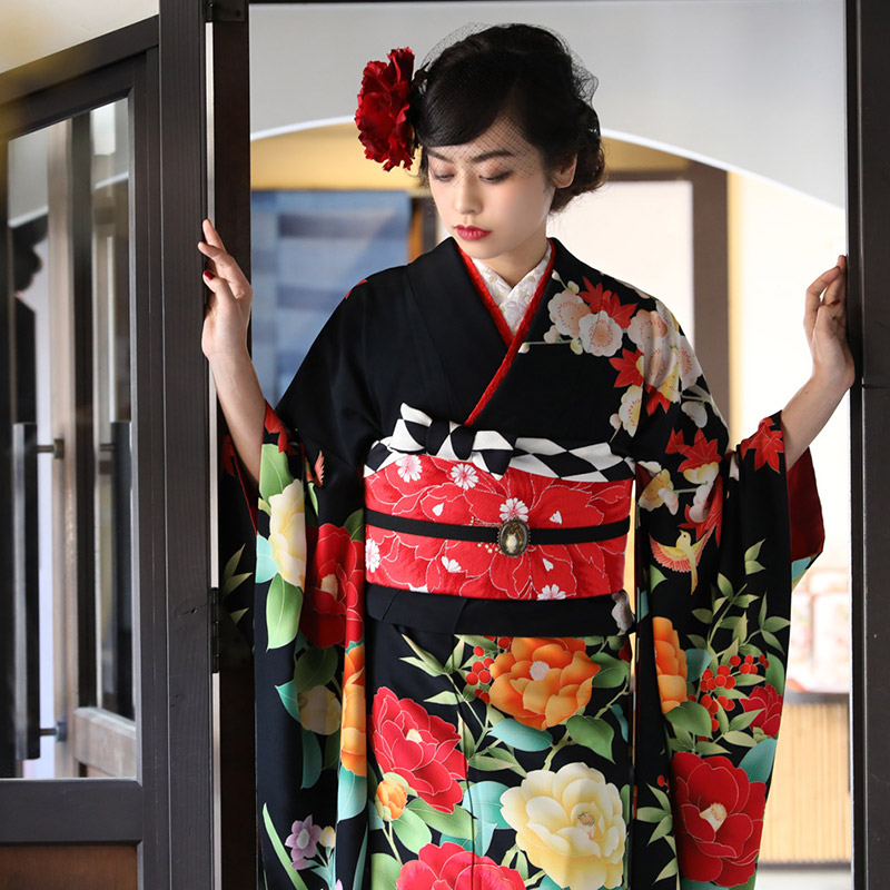 楽天市場】【成人式 振袖 レンタル】RS1170黒 椿に白うさぎ きもの道楽