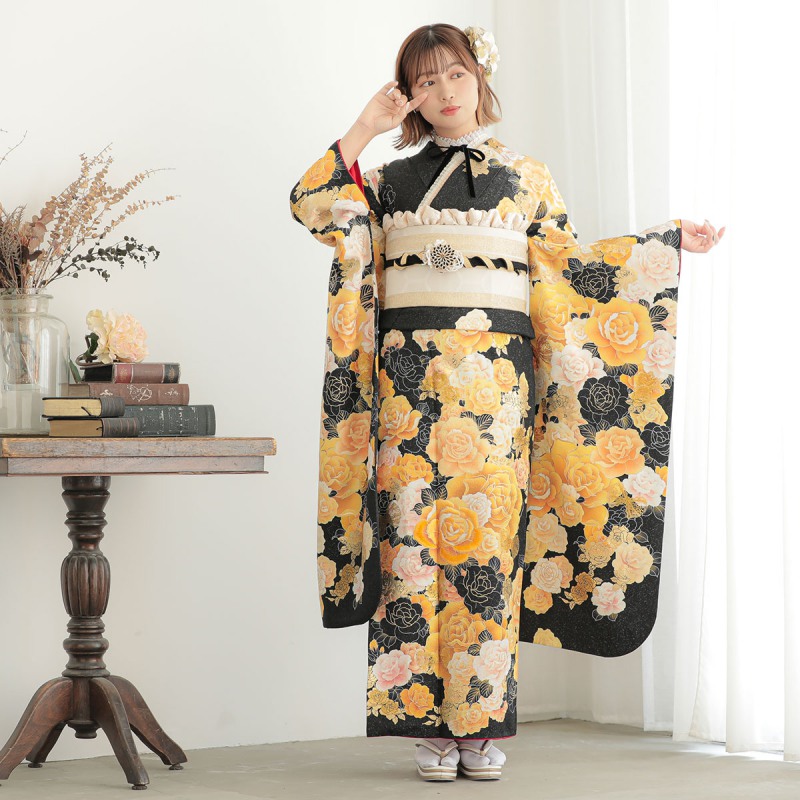 楽天市場】【成人式 振袖 レンタル】RS1187 正絹 黒黄 薔薇フルセット