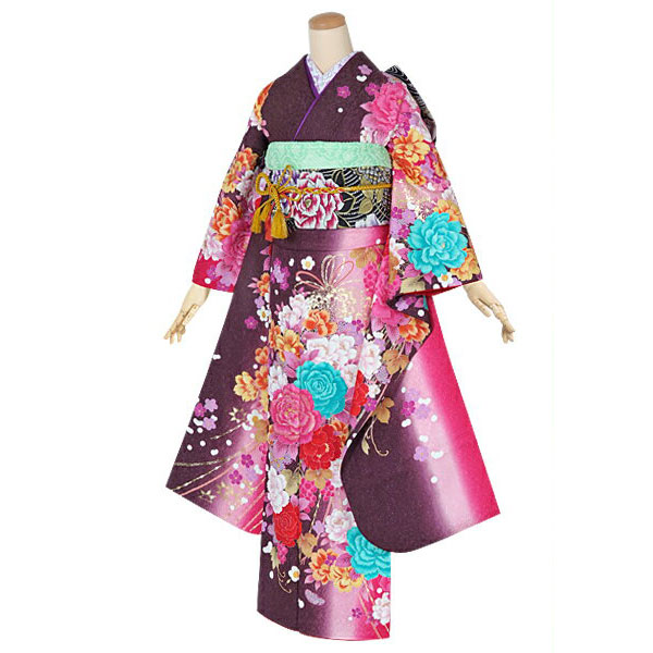 楽天市場】【成人式 振袖 レンタル】RS1371 正絹 紫小豆色 薔薇と葡萄