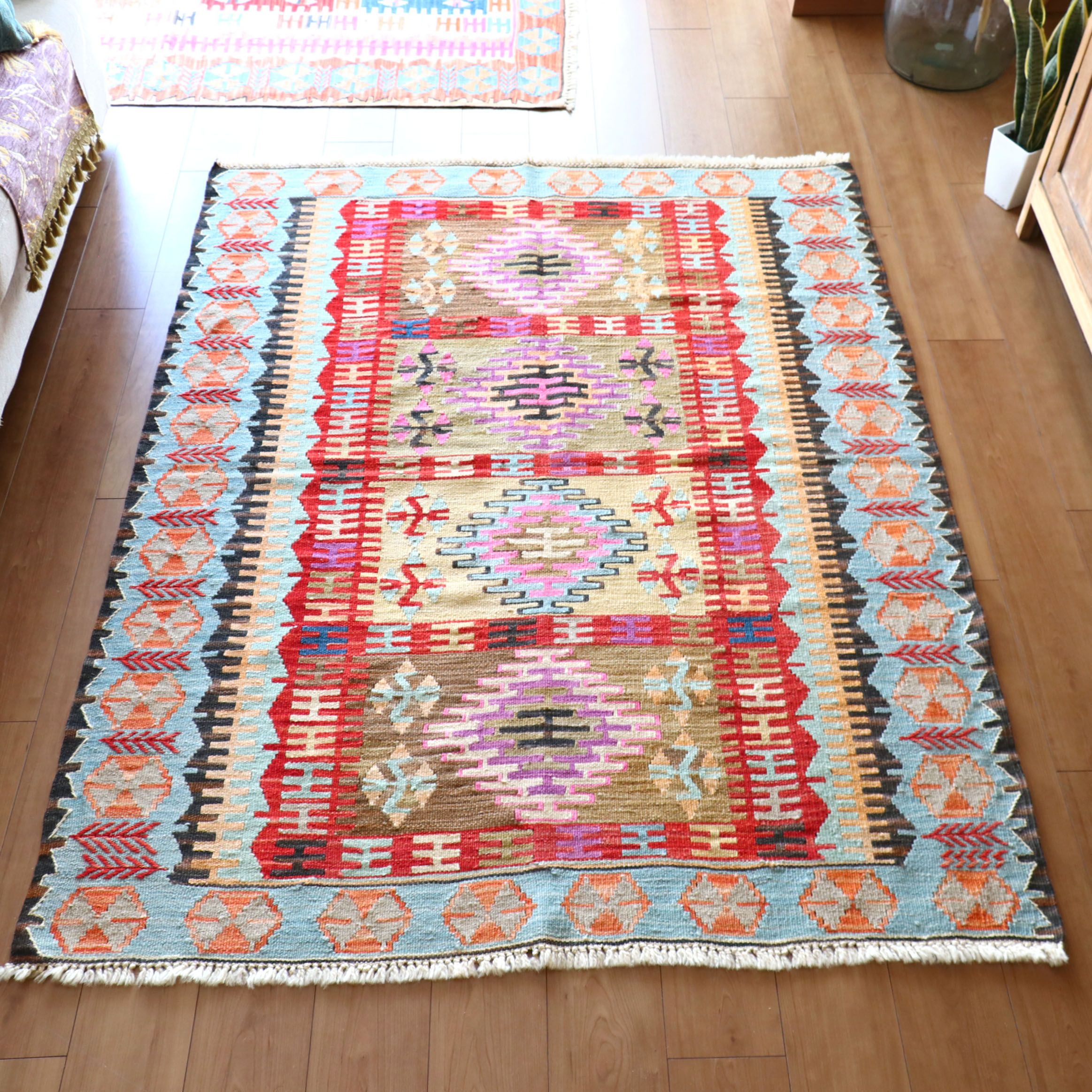 特大7.6kg 140×280色のパステルピンクのオールドキリム　カイセリ カイセリ ニューキリム