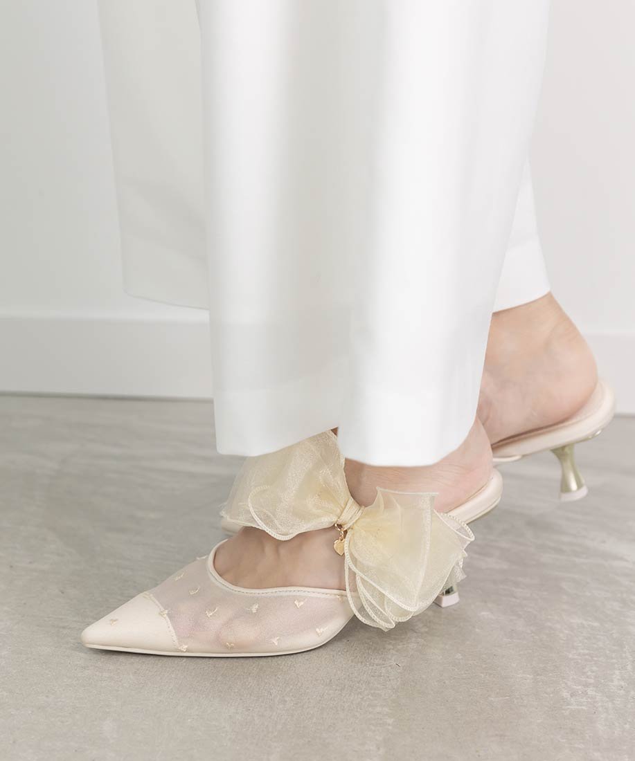 RANDA｜【HEART COLLECTION】シフォンリボンハートミュールパンプス