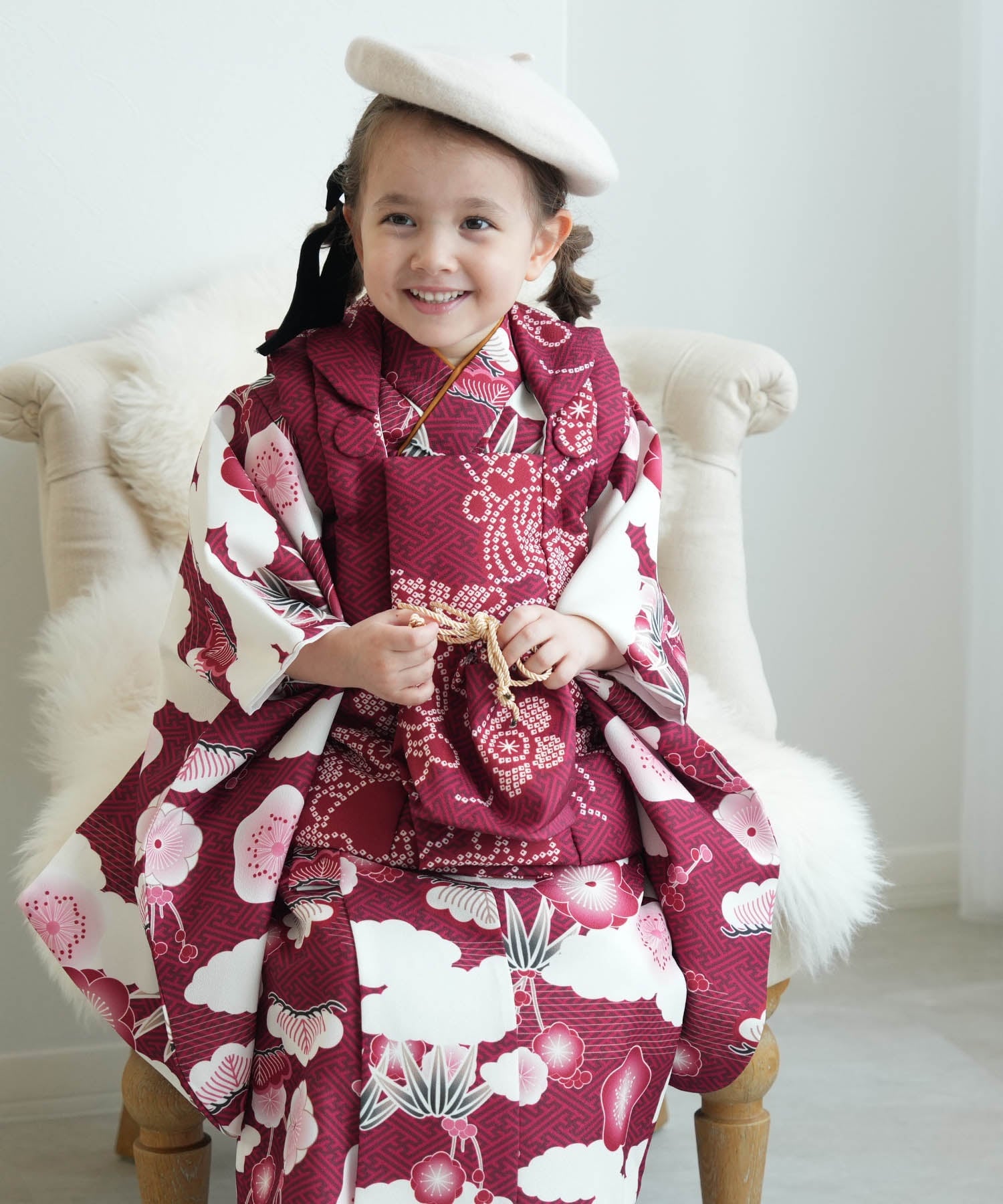 utatane｜ひよこ商店 七五三 着物 3歳 女の子 被布セット えんじの絞り