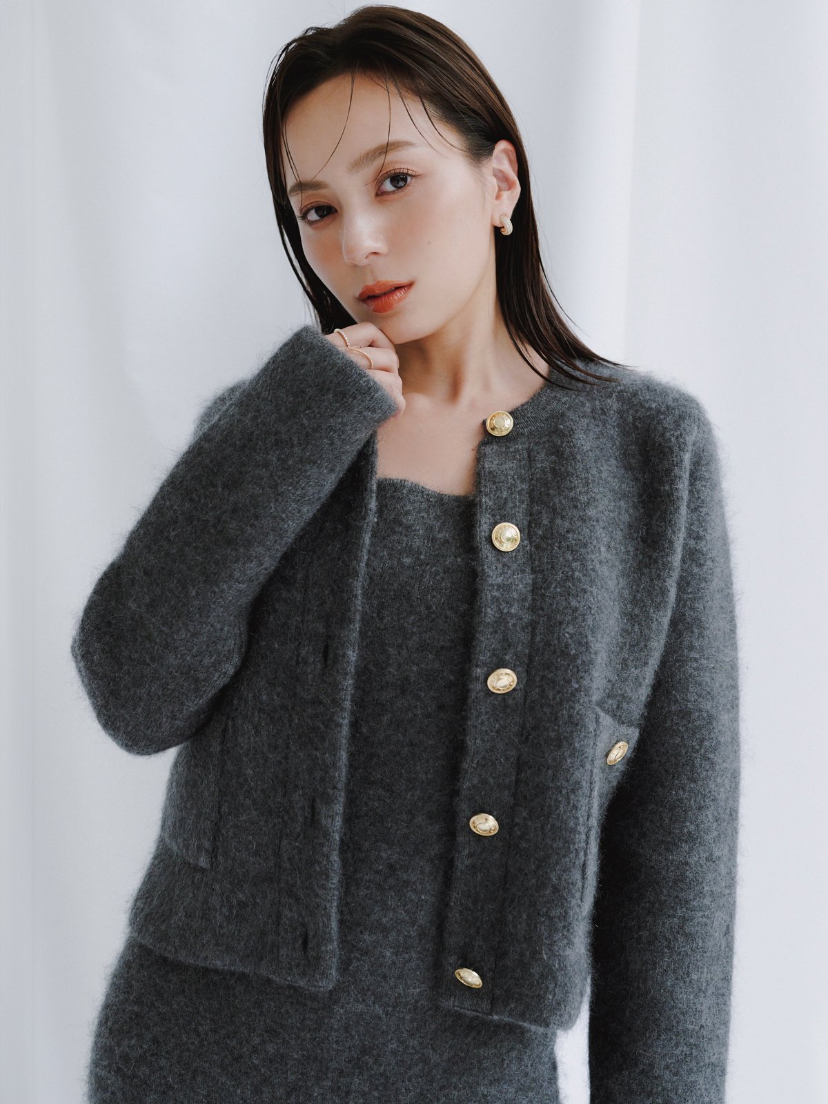 anuans｜カシミヤブレンドノーカラーニットジャケット | Rakuten