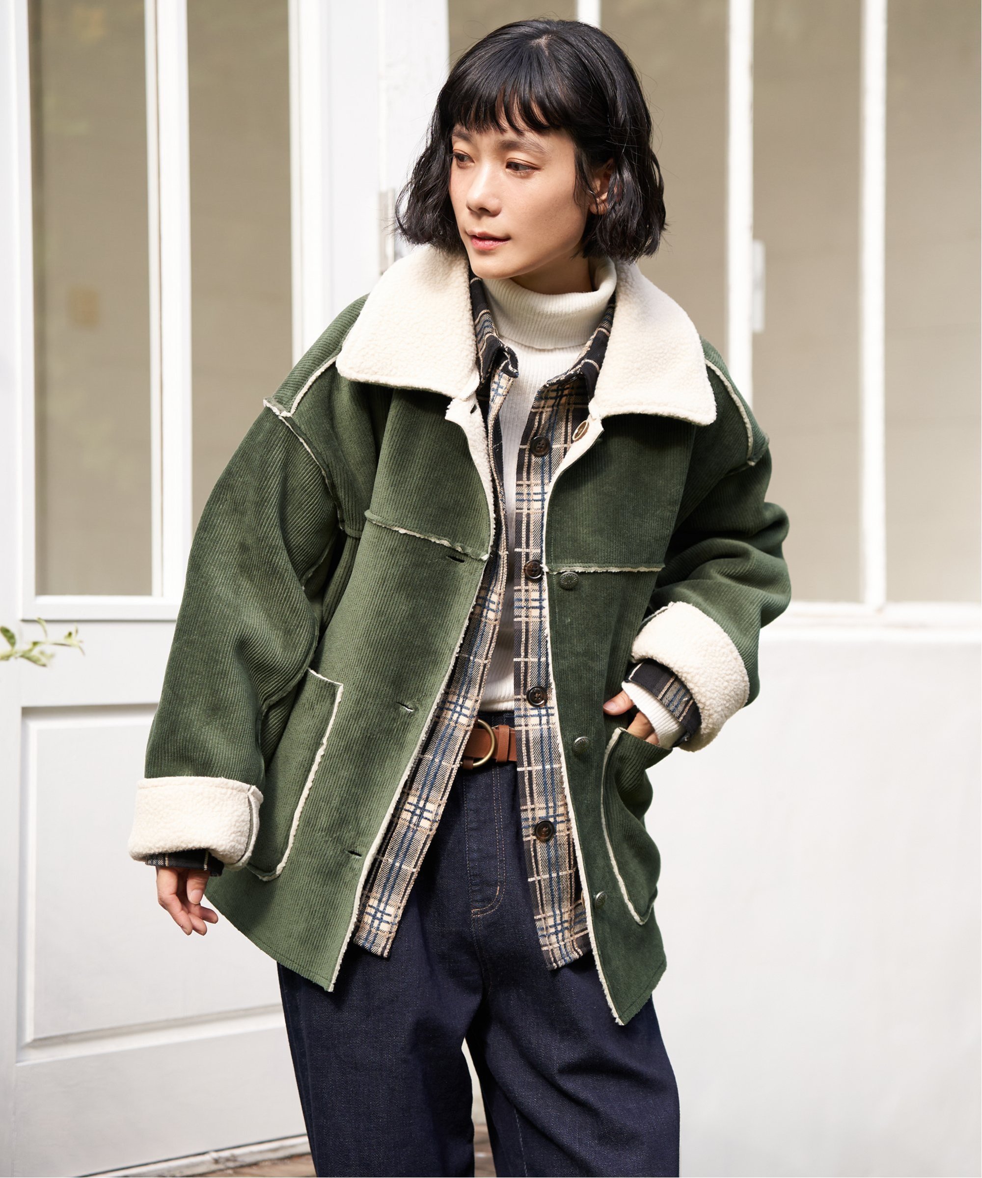 kolor23awコーデュロイ ボア襟ジャケット グリーンサイズ3 LBC｜ボア