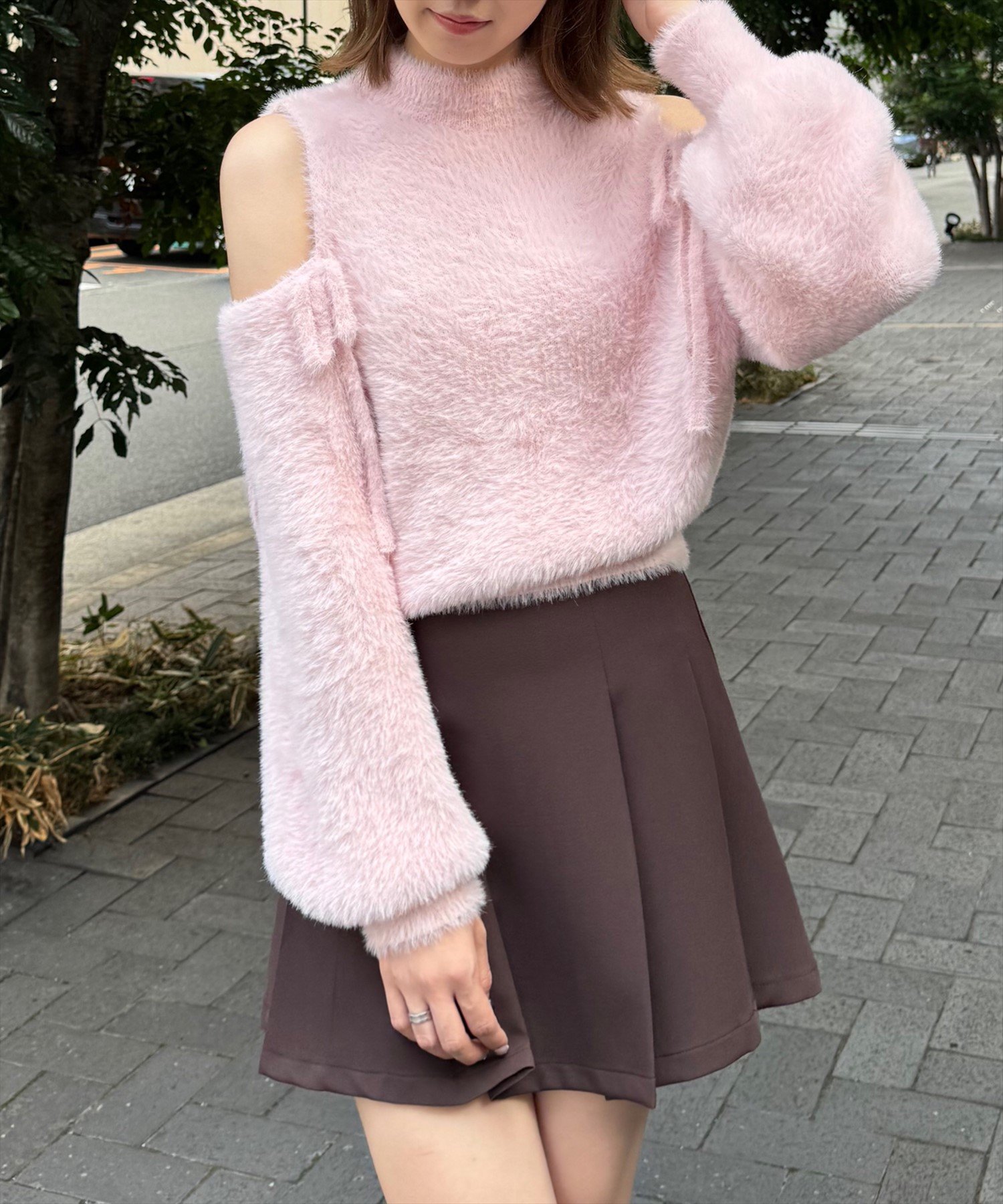 clear｜肩あきリボンフェザーニットトップス[着心地抜群 ふわふわ