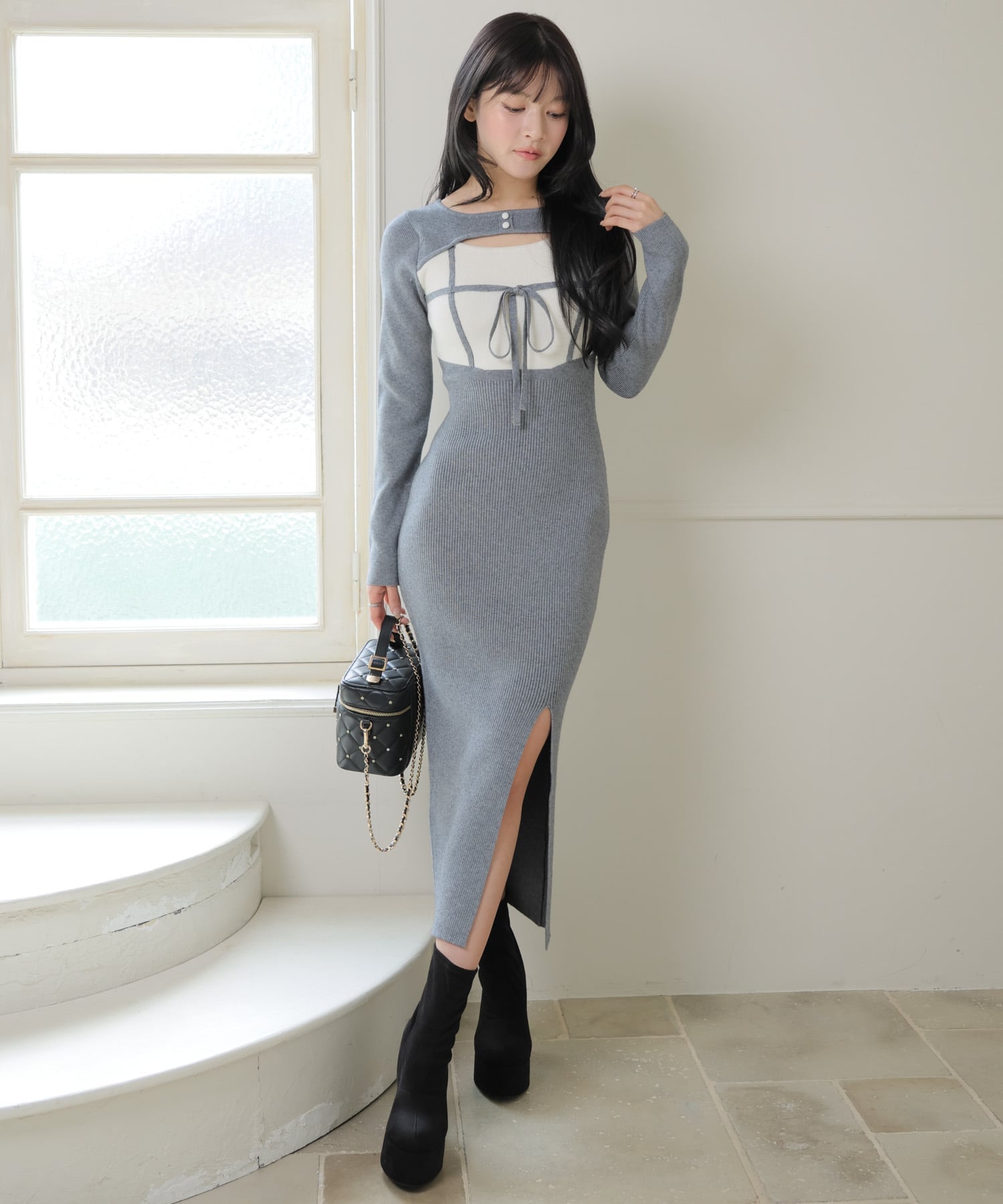 LIP SERVICE｜LIP SERVICE/(W)デコルテオープンバイカラーリボンニット