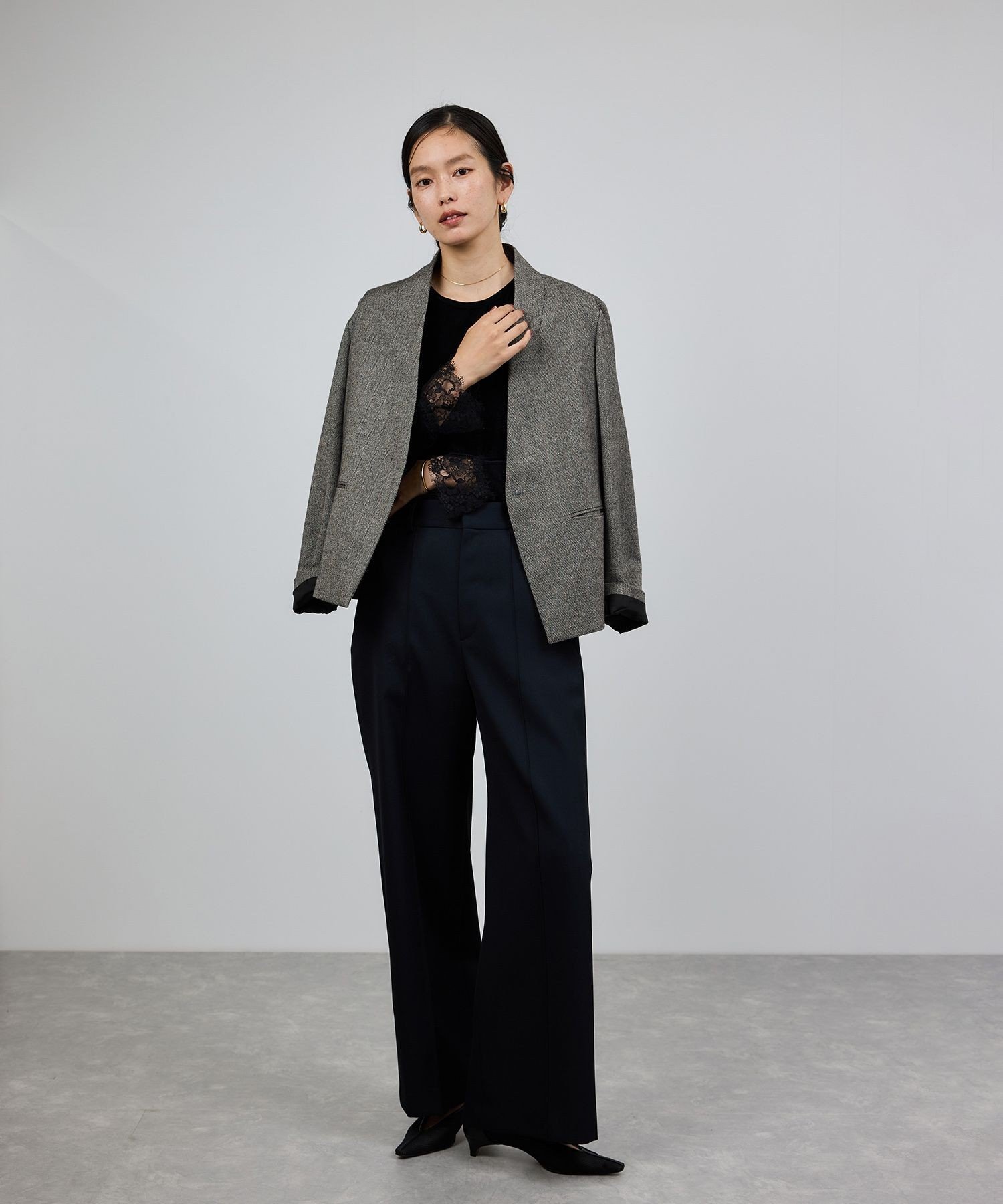 ROPE'｜ウールレーヨンノーカラージャケット(無地/ヘリンボーン