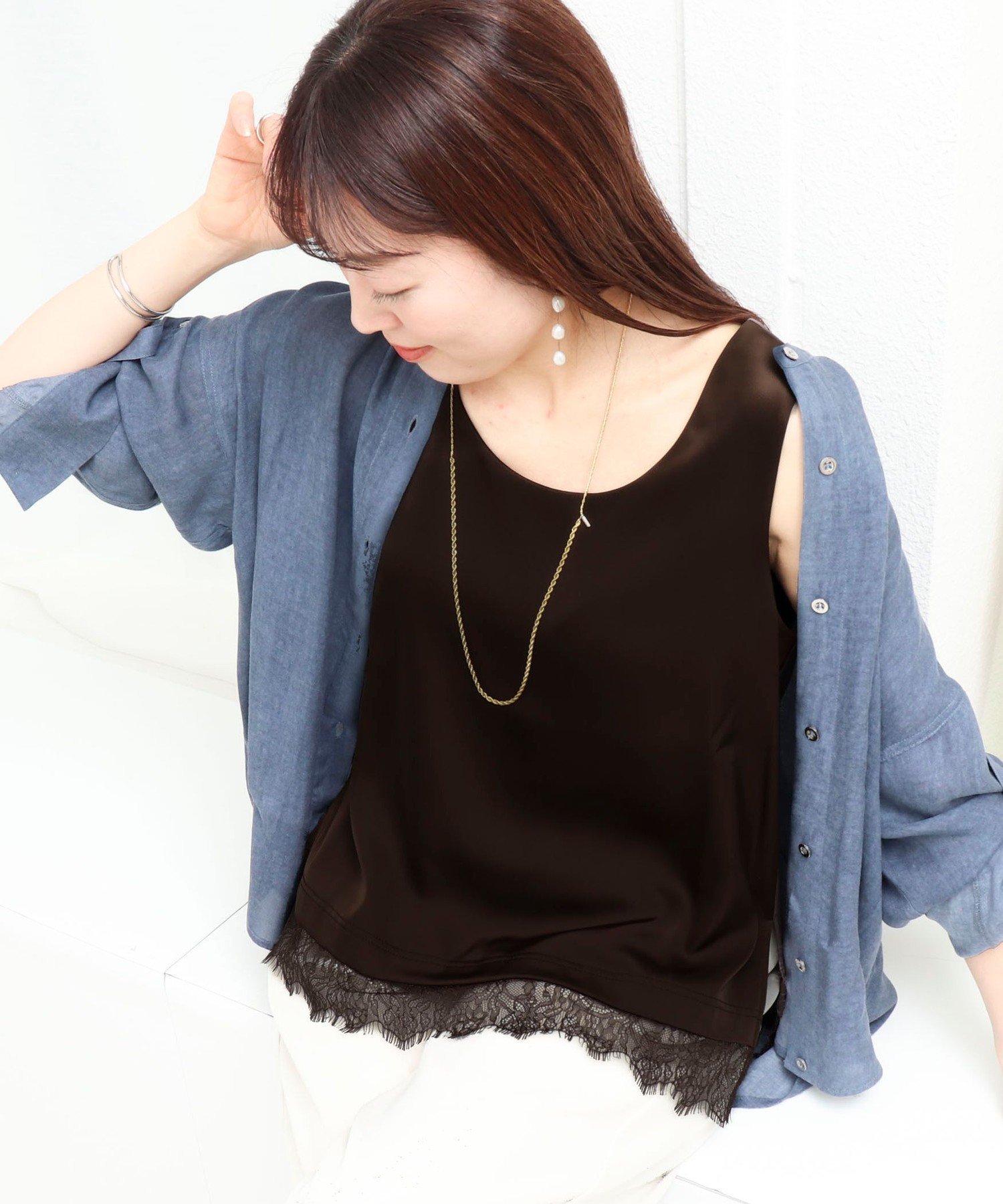 NOLLEY'S｜サテン×スムース裾レースタンクトップ | Rakuten Fashion