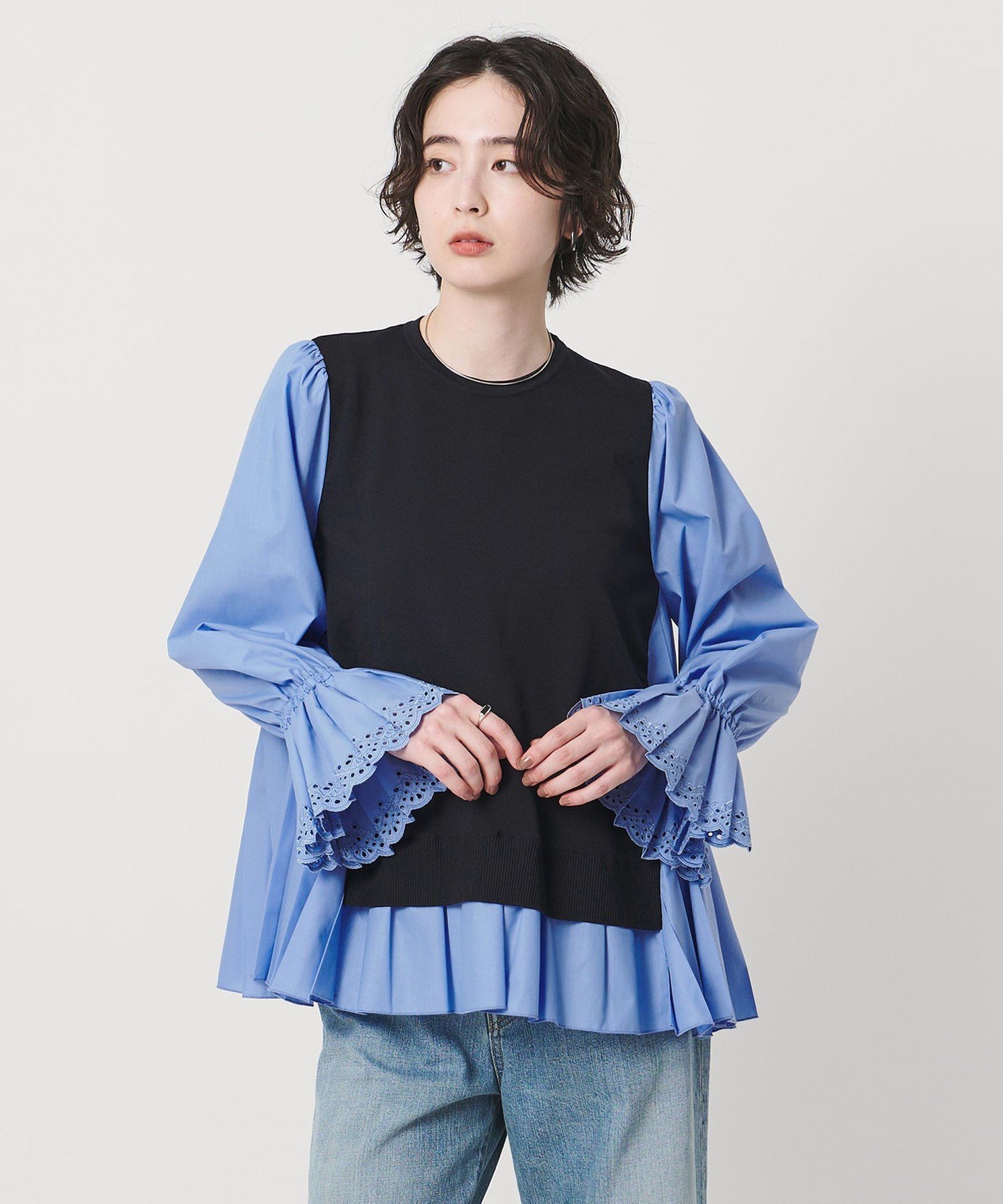 UNITED ARROWS｜プリーツ コンビ ニット ブラウス -ウォッシャブル