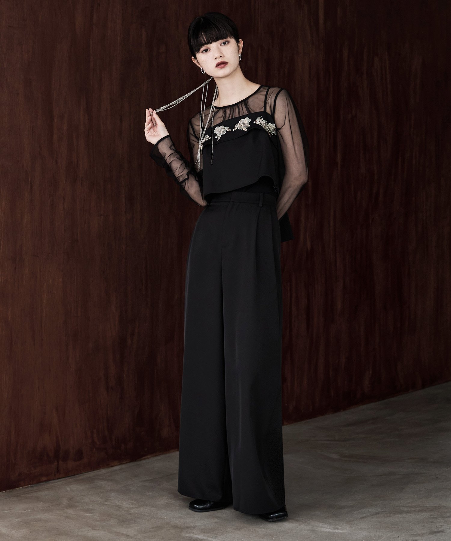 bflat｜3piece刺繍リボンビスチェ&タックワイドパンツセットアップ