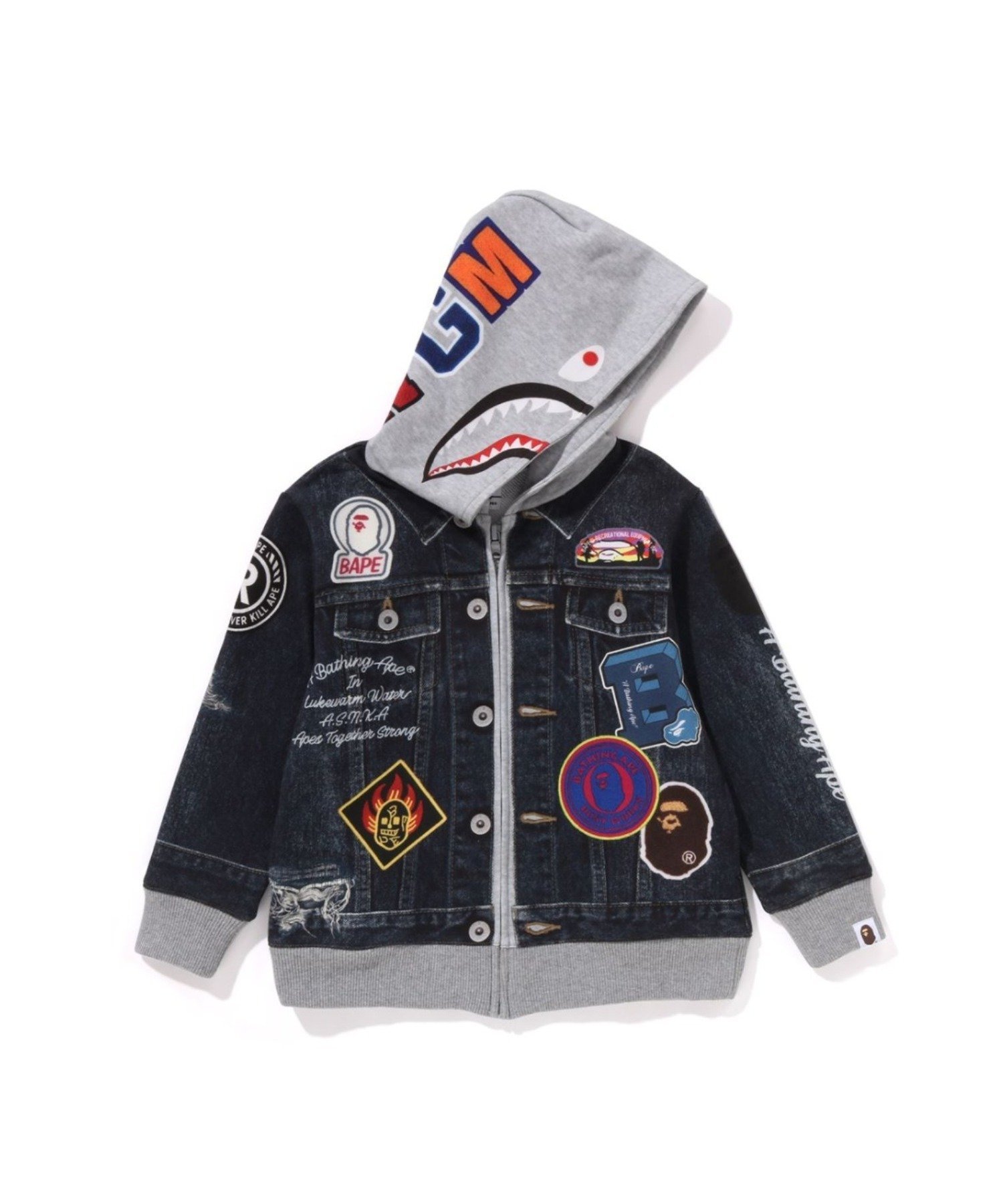 A BATHING APE｜SHARK BAPE EMBLEM DENIM JACKET PRINT ZIP HOODIE