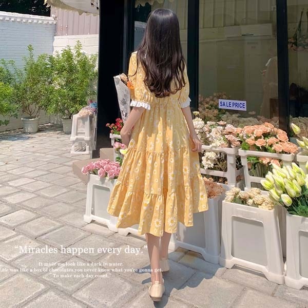 楽天市場】ワンピース ビッグカラー デイジー柄 イエロー ポワン袖