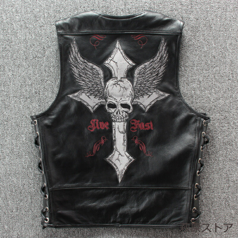 楽天市場】バイク用ベスト 革ベスト 本革 ベスト パンク風 十字架柄