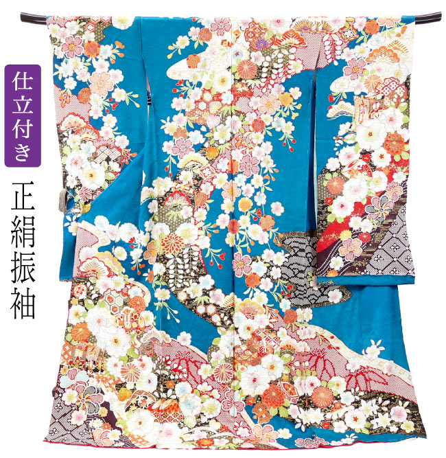 楽天市場】仕立て付き 正絹 振袖単品 f-006-t 青緑 ブルー グリーン