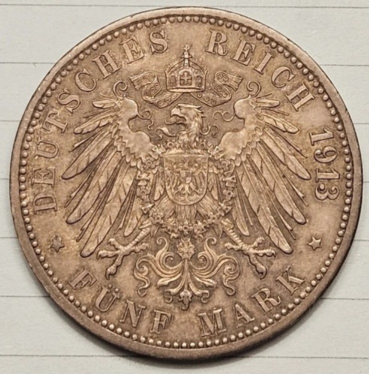 招*@様 1913年Gドイツ バーデン大公国. 5マルク銀貨 フリードリッヒ2世