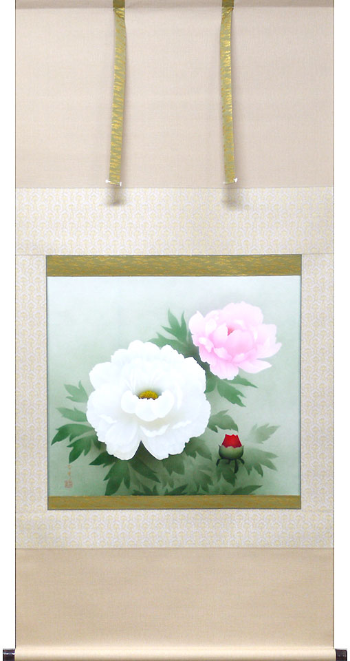 楽天市場】掛軸 掛け軸 年中掛け 紅白牡丹 中川幸彦 尺八横 約横67cm