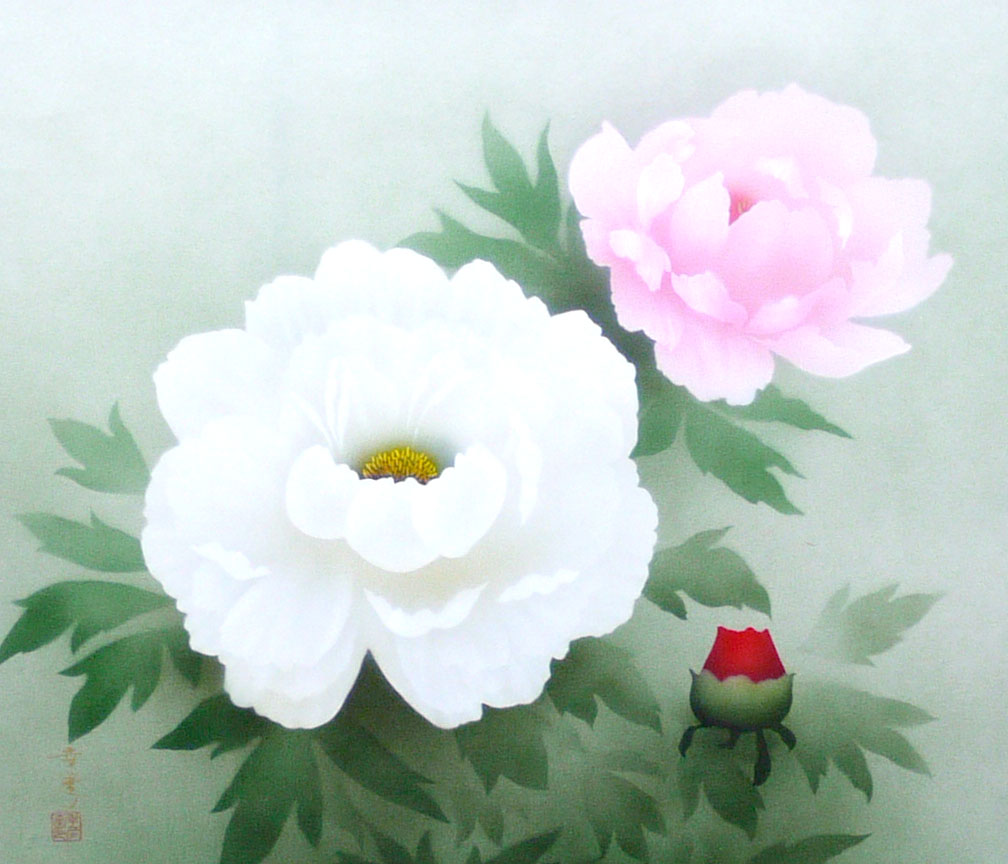 楽天市場】掛軸 掛け軸 年中掛け 紅白牡丹 中川幸彦 尺八横 約横67cm