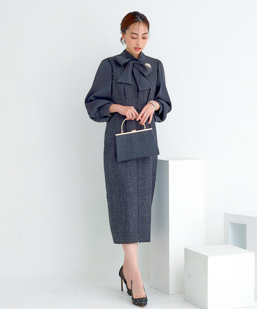 楽天市場】【S〜3L】ミックスツイードコンビ・ロングナローワンピース