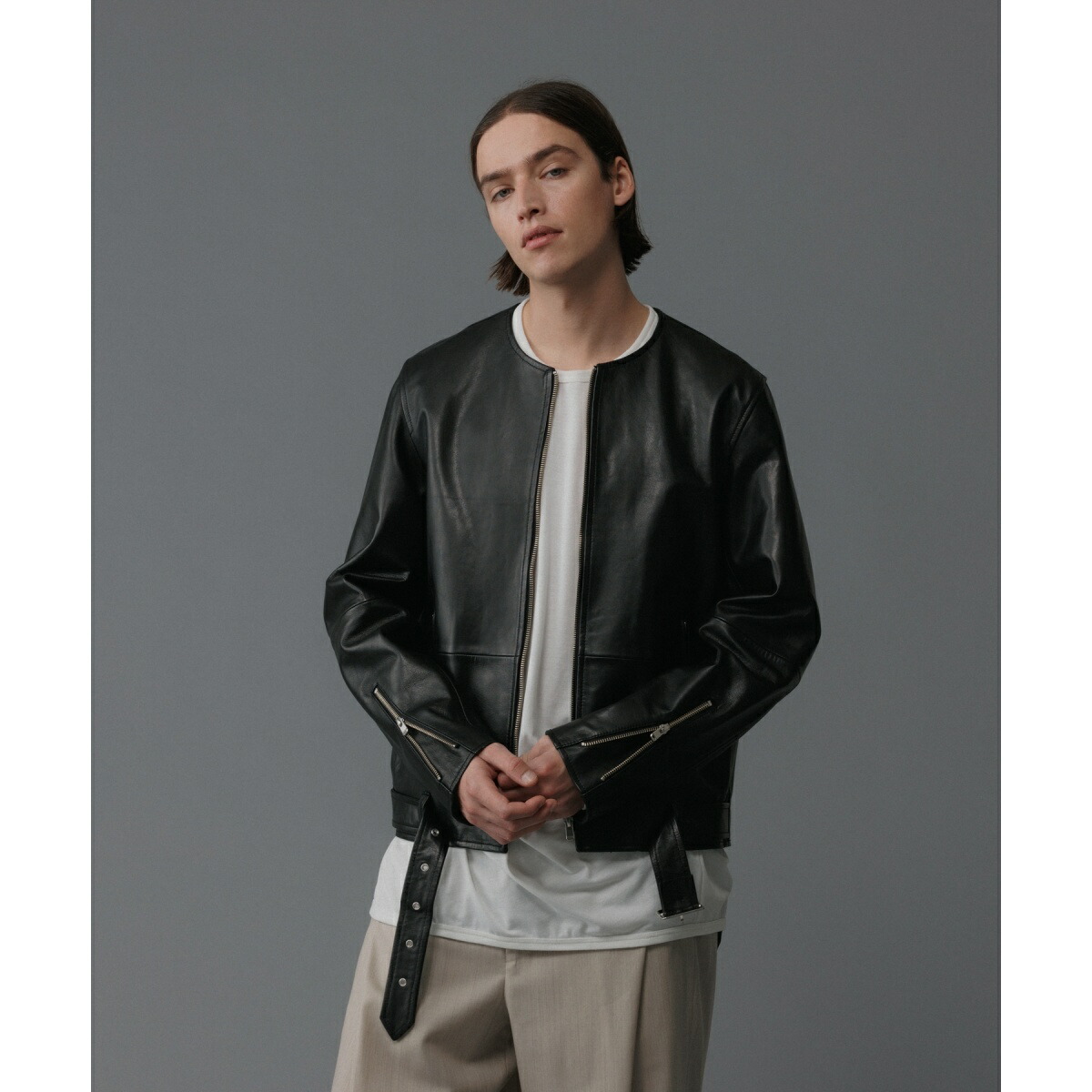 楽天市場】シープレザー ノーカラー ライダース ジャケット / UNISEX