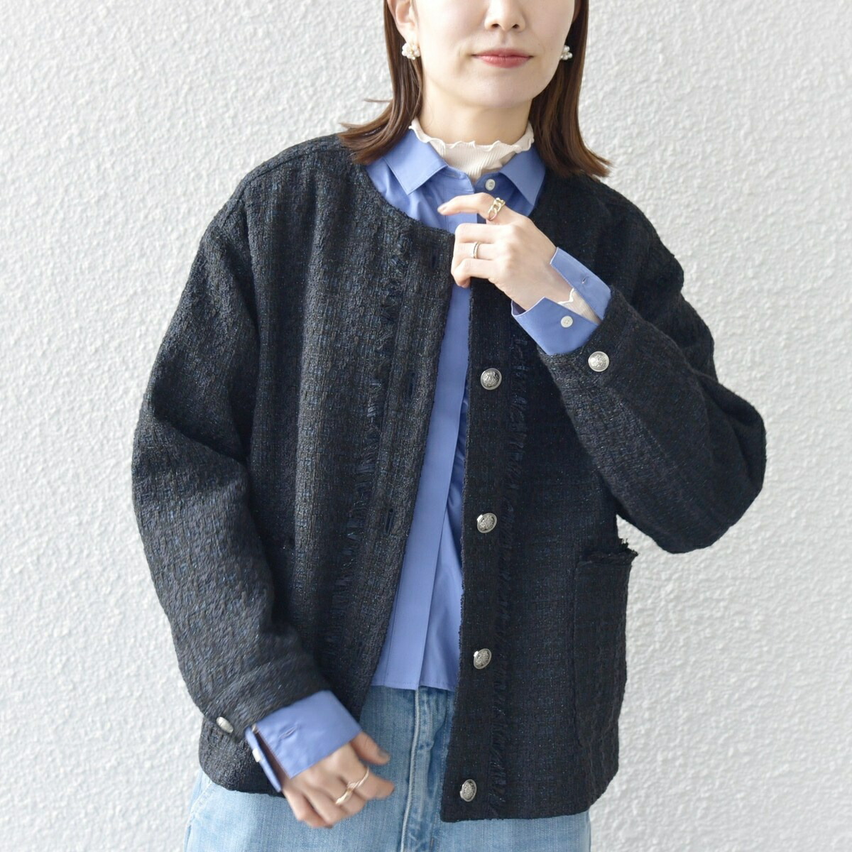 楽天市場】SHIPS any:ノーカラー ツイード ジャケット［NAVY BLUE