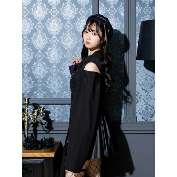 ノエミー 鉄線配色切り替えチェーンユニセックスシャツ&合皮リボン