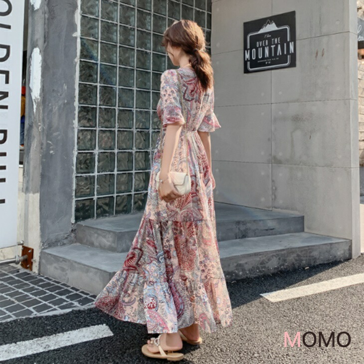 楽天市場】淡いピンク花柄 シフォンワンピース フローラルワンピ V