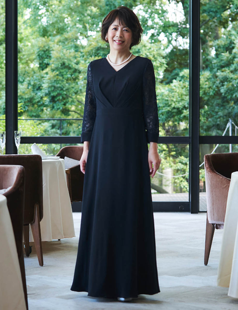 結婚式 母親ドレス ダークネイビー・マザーズドレス レース袖付き