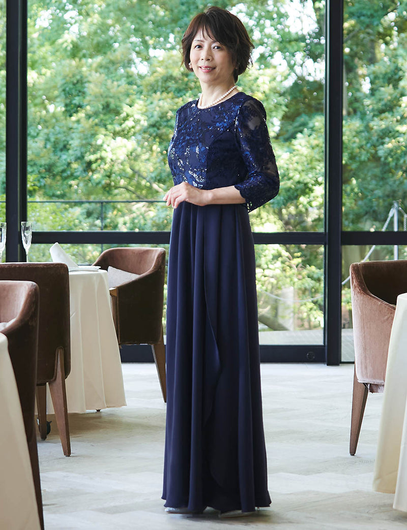 結婚式 母親ドレス ダークネイビー・マザーズドレス レース袖付き