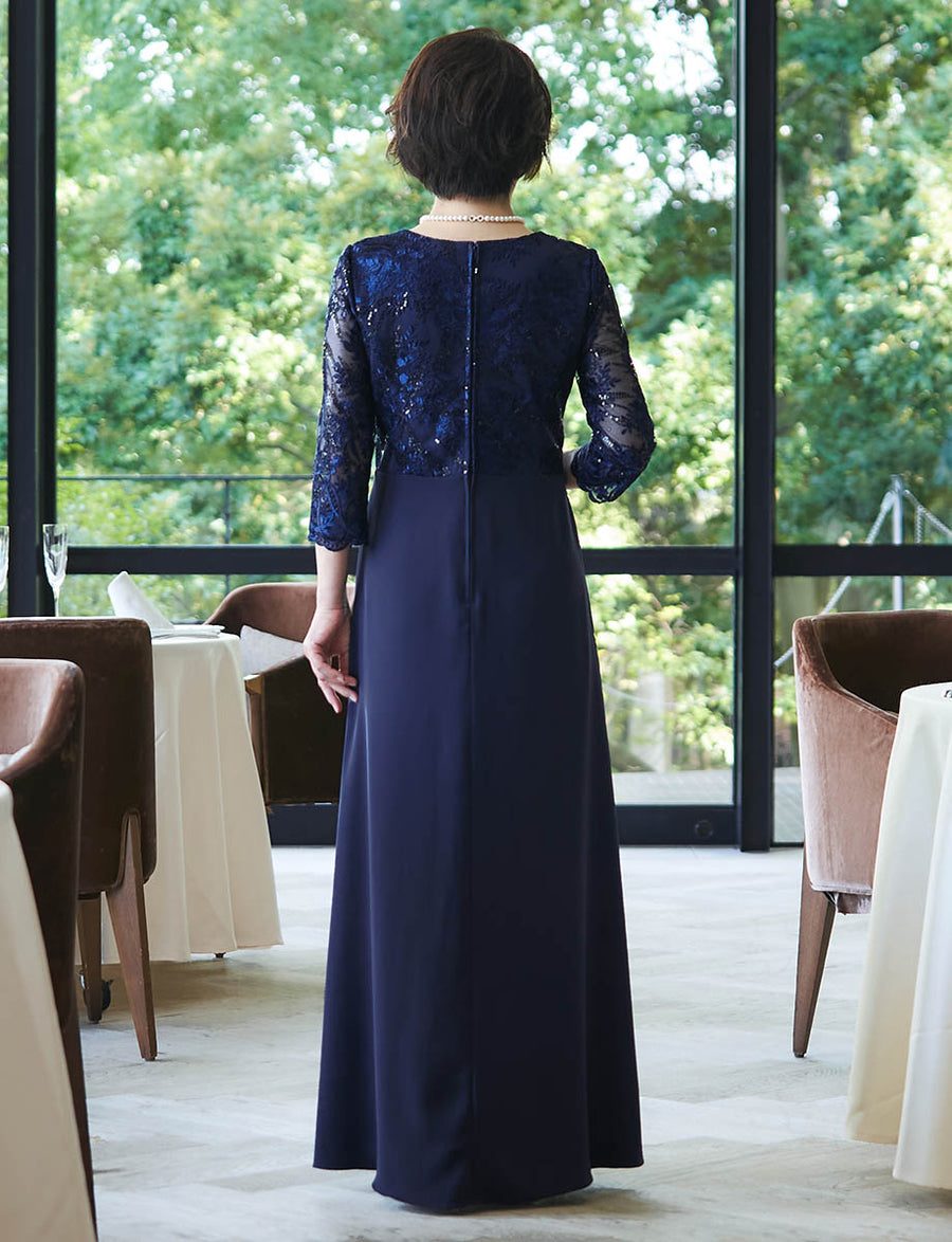 結婚式 母親ドレス ダークネイビー・マザーズドレス レース袖付き