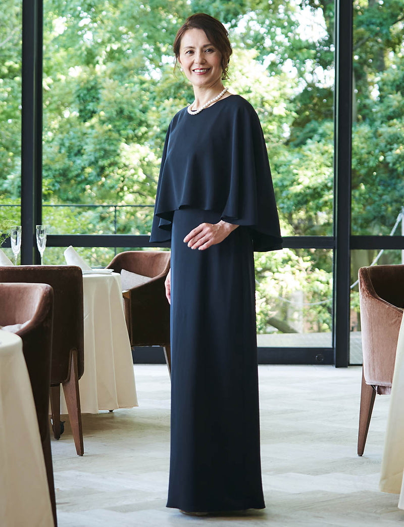 結婚式 母親ドレス ダークネイビー・マザーズドレス ケープ一体型