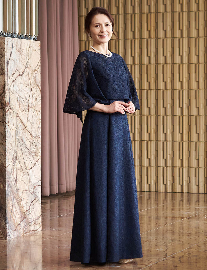 結婚式 母親ドレス ダークネイビー・マザーズドレス ケープスリーブ