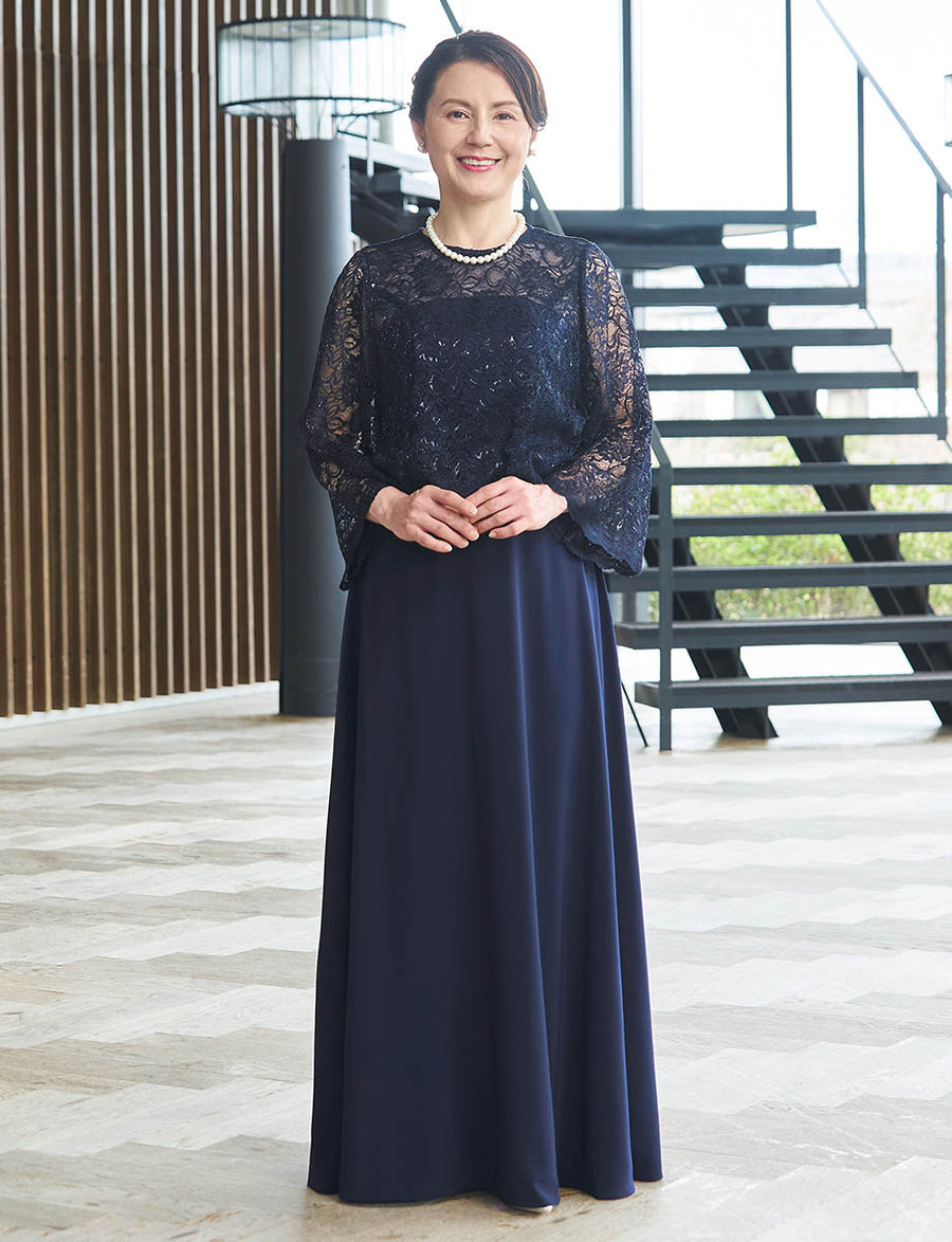結婚式 母親ドレス ダークネイビーレース・マザーズドレス 長袖 MD0408