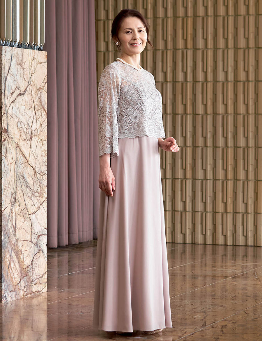 結婚式 母親ドレス グレーベージュレース・マザーズドレス 長袖 MD0408