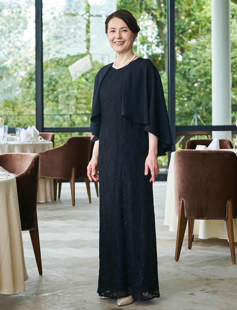 結婚式 母親ドレス 黒・マザーズドレスケープ付き MD0401-BK|新郎新婦