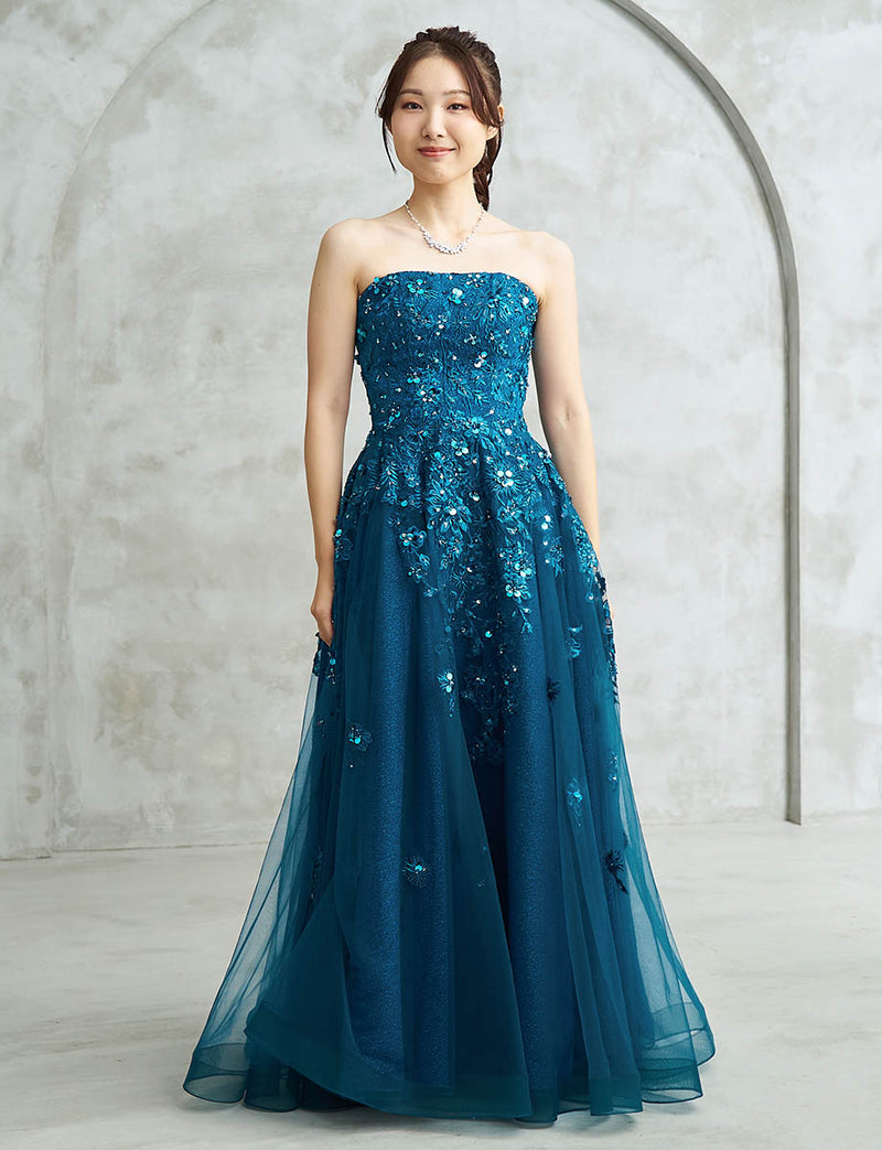 ブルーグリーン ロングドレス ベアトップ ビジュ刺繍 チュール 肩
