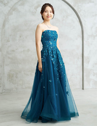 ブルーグリーン ロングドレス ベアトップ ビジュ刺繍 チュール 肩