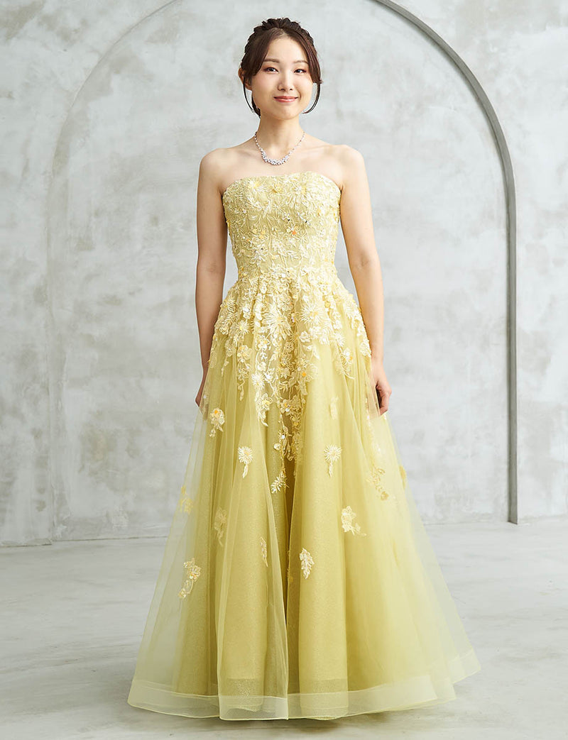 イエローゴールド ロングドレス ベアトップ ビジュ刺繍 チュール 肩