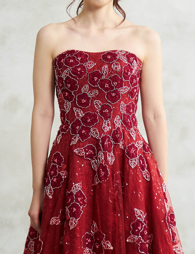ロングドレス レッド カットレース 演奏会・ステージドレス ツイード