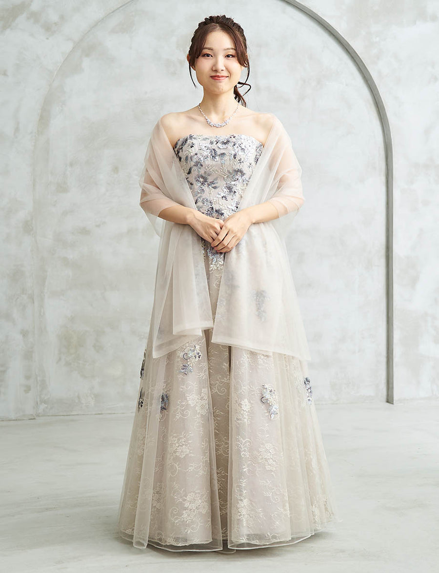 シルバー ロングドレス ベアトップ スパンコールレース チュール 肩