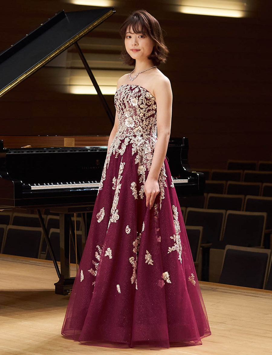 ワインレッド ロングドレス ベアトップ 発表会・演奏会ドレス