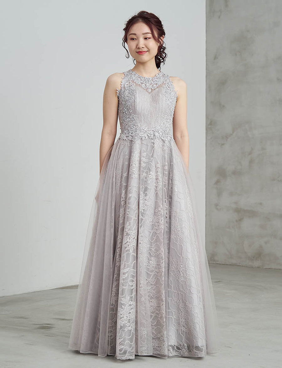 ロングドレス シルバーグレー アメリカンスリーブ チュールレース 演奏