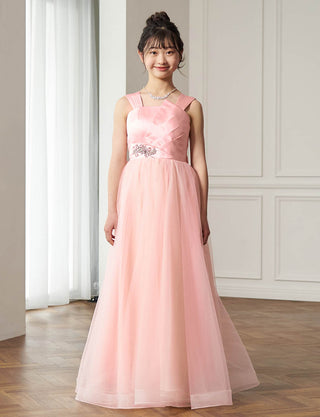 サテン×チュール ジュニアロングドレス シェルピンク・TWJ9507-SHPK