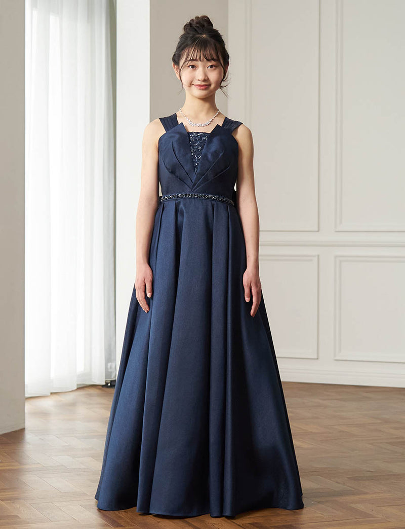 サテン ジュニアロングドレス ダークネイビー・TWJ9504-DNY｜発表会