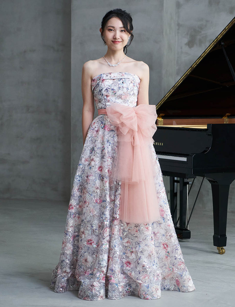 ベアトップロングドレス 花柄レース 演奏会用 アイボリー｜ツイード