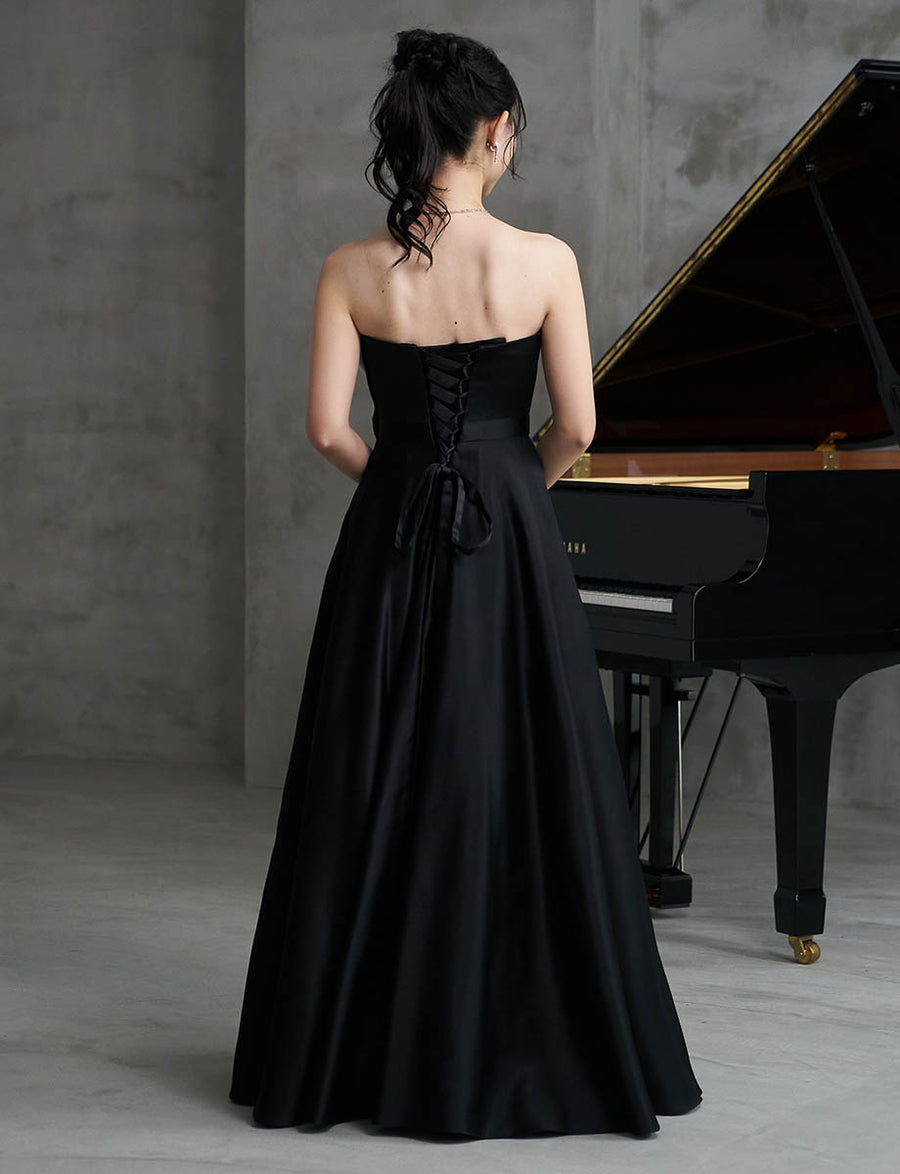 ベアトップロングドレス 演奏会用 ブラックホワイト サテン｜ツイード