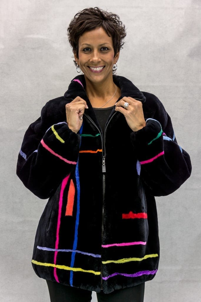 Zuki Black Onyx Sheared Beaver Zip 28” Jacket with Abstract Design