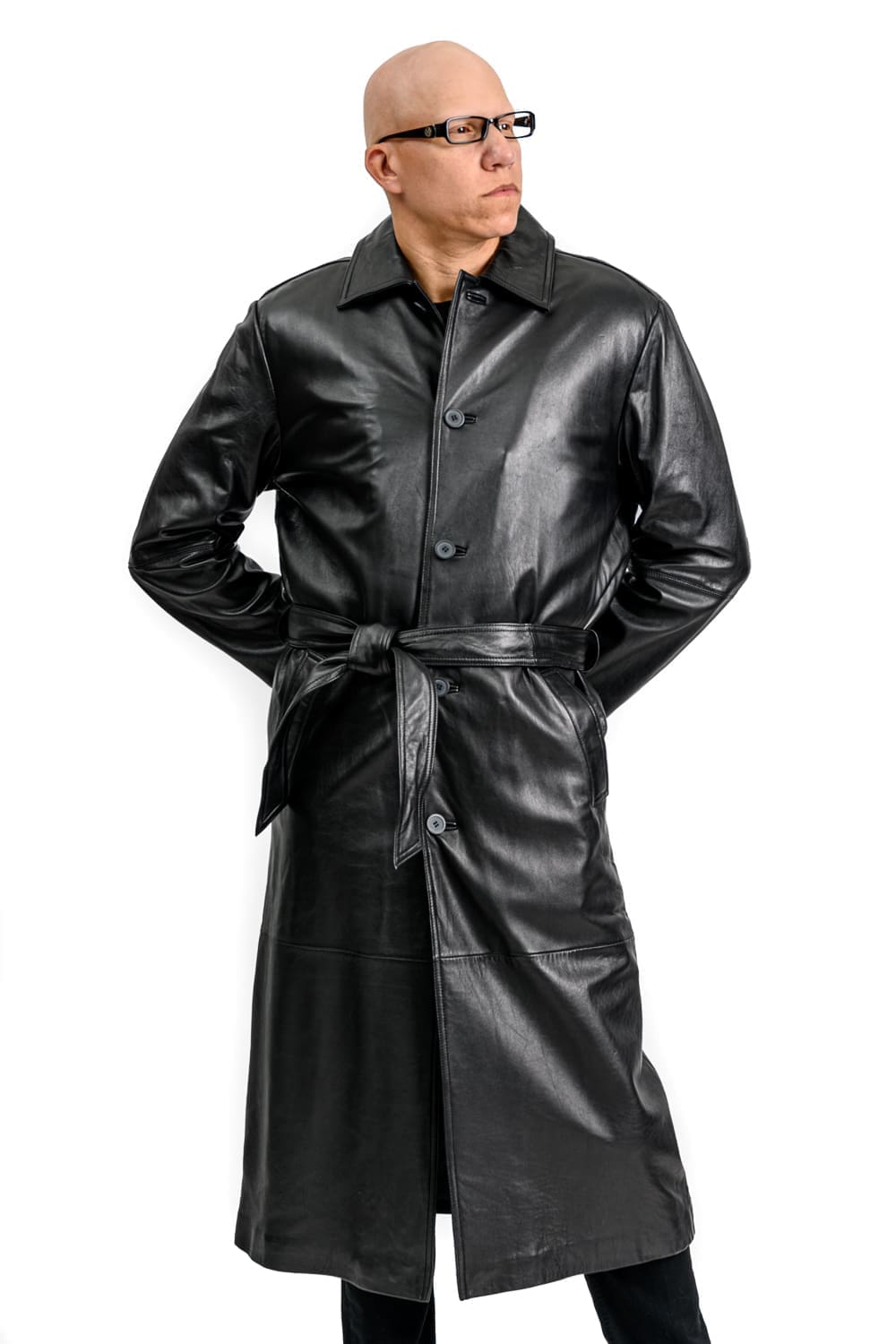 Black Cabretta Lamb Leather 51″ Trench Coat with Zipout Thermolite